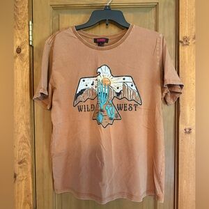 Rock & Roll Denim Graphic Tee — Rust Brown & Hot Pink Accents